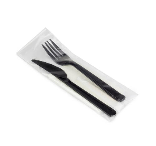 Комплект 3 (вилка, нож, салфетка) 18см, черный (ХРТ) (250 шт.)